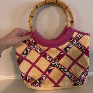 Pink and Tan Geometric Tote with Bamboo Handle